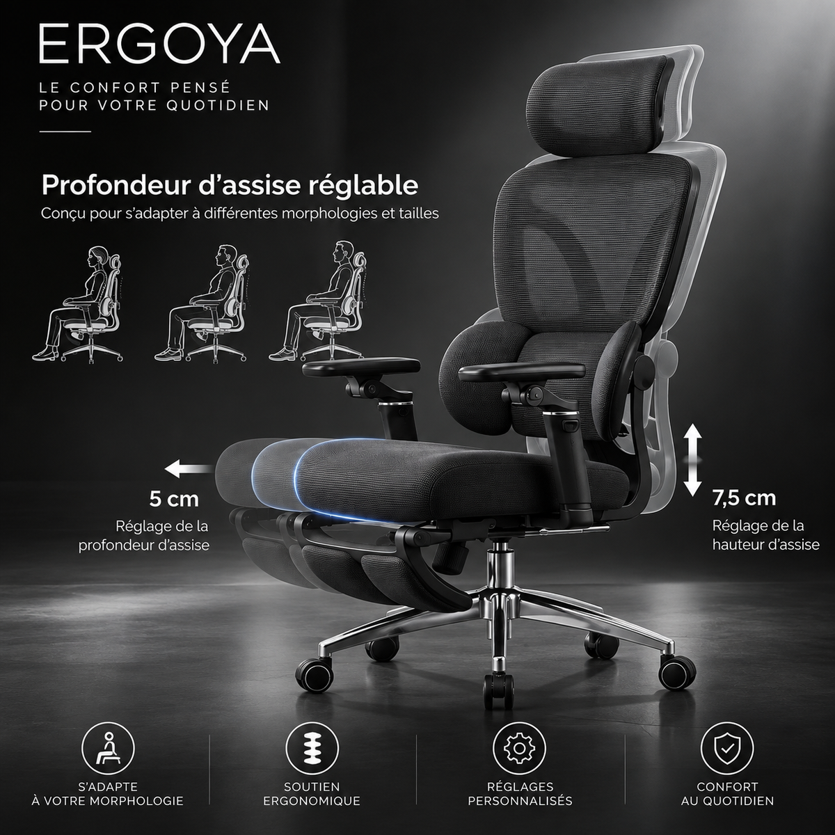 ERGOYA — Chaise de Bureau Ergonomique Professionnelle Confort