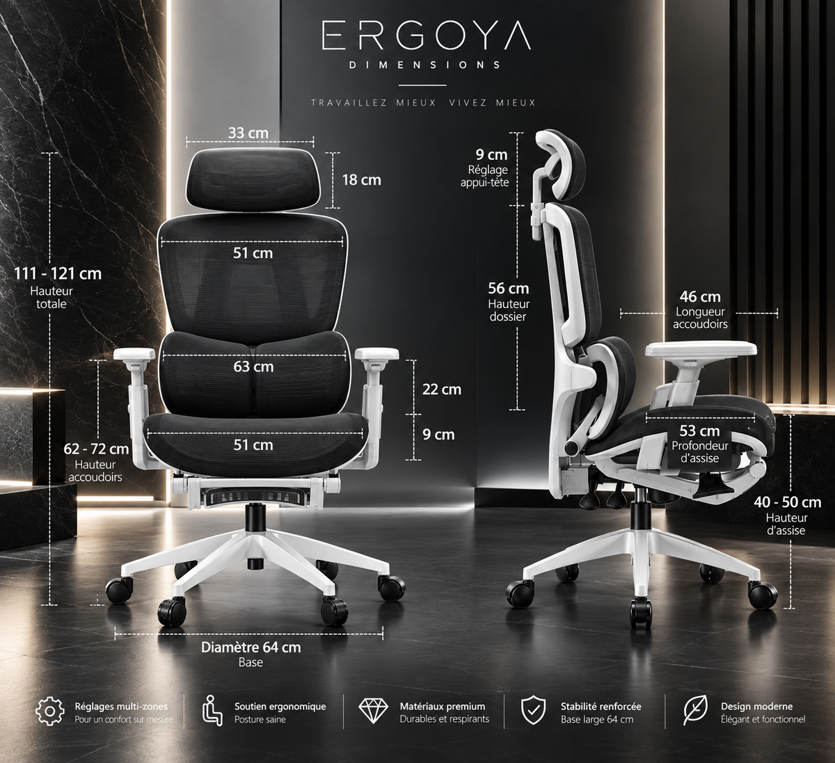 ERGOYA — Chaise de Bureau Ergonomique Professionnelle Premium