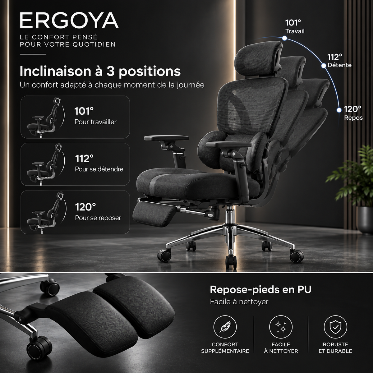 ERGOYA — Chaise de Bureau Ergonomique Professionnelle Confort
