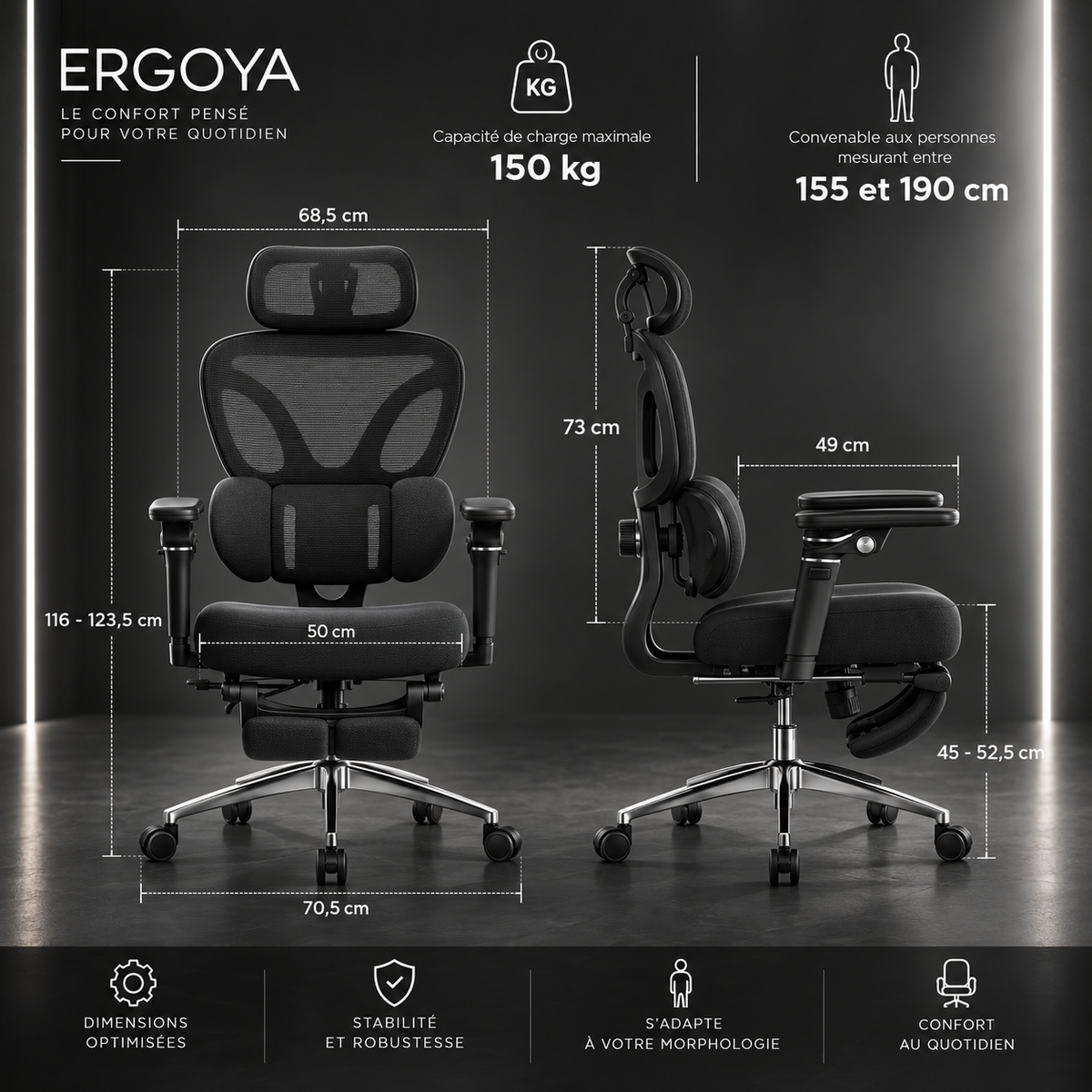 ERGOYA — Chaise de Bureau Ergonomique Professionnelle Confort